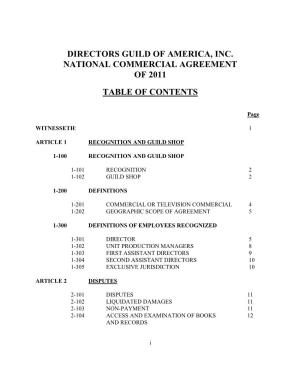 Directors Guild of America, Inc. National Commercial Agreement of 2011 Table of Contents