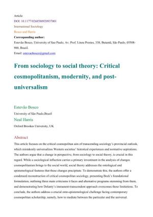From Sociology to Social Theory: Critical Cosmopolitanism, Modernity, and Post- Universalism