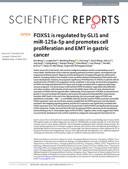 FOXS1 Is Regulated by GLI1 and Mir-125A-5P and Promotes Cell