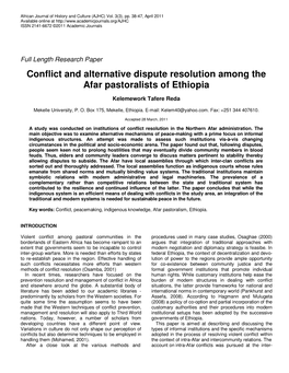 Conflict and Alternative Dispute Resolution Among the Afar Pastoralists of Ethiopia