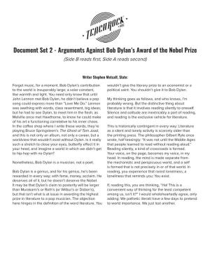 Document Set 2 - Arguments Against Bob Dylan’S Award of the Nobel Prize (Side B Reads First, Side a Reads Second)