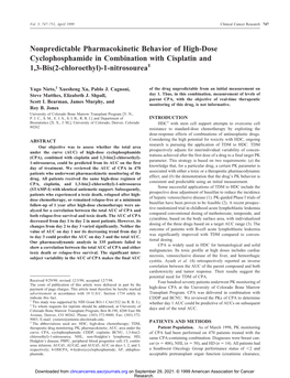 Nonpredictable Pharmacokinetic Behavior of High-Dose Cyclophosphamide in Combination with Cisplatin and 1,3-Bis(2-Chloroethyl)-1-Nitrosourea1