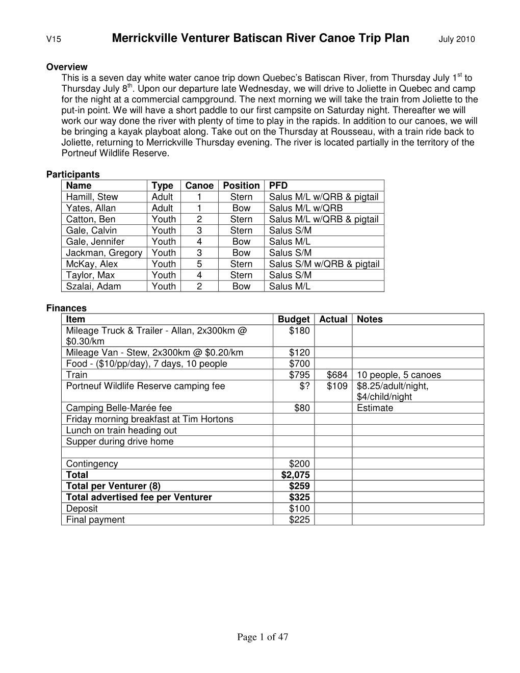 Merrickville Venturer Batiscan River Canoe Trip Plan July 2010