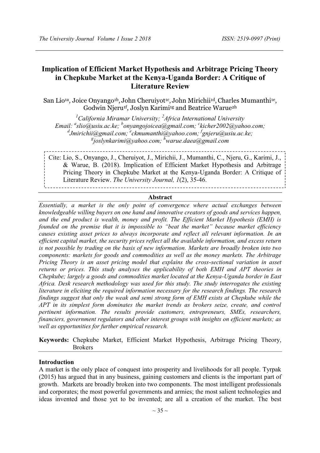 Implication of Efficient Market Hypothesis and Arbitrage Pricing Theory in Chepkube Market at the Kenya-Uganda Border: a Critique of Literature Review