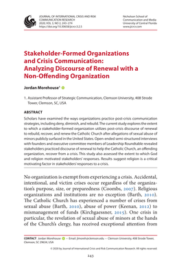 Stakeholder-Formed Organizations and Crisis Communication: Analyzing Discourse of Renewal with a Non-Offending Organization