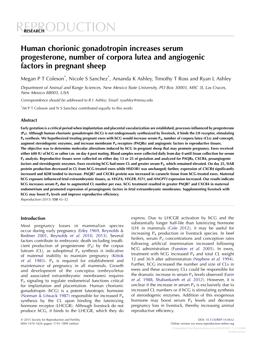 Human Chorionic Gonadotropin Increases Serum Progesterone, Number of Corpora Lutea and Angiogenic Factors in Pregnant Sheep