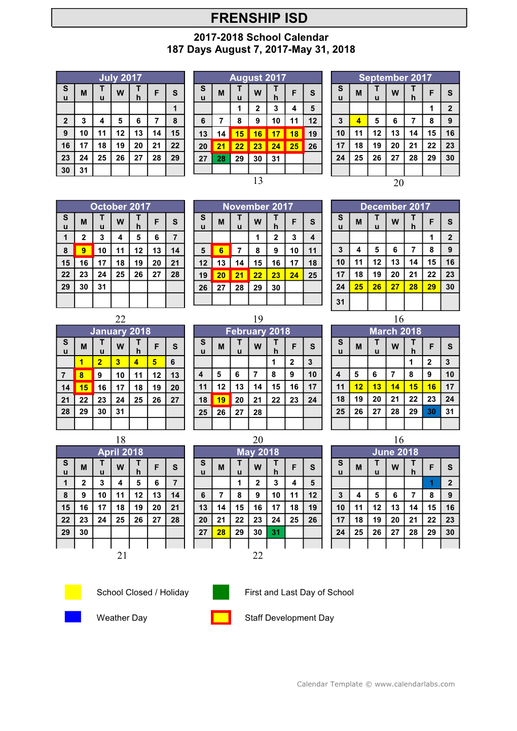 2017-18 Yearly School Calendar - Calendarlabs.Com