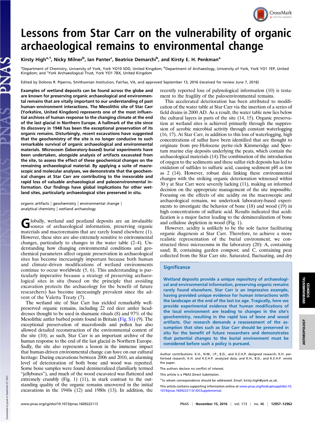 Lessons from Star Carr on the Vulnerability of Organic Archaeological Remains to Environmental Change