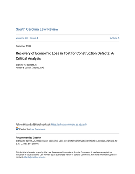 Recovery of Economic Loss in Tort for Construction Defects: a Critical Analysis