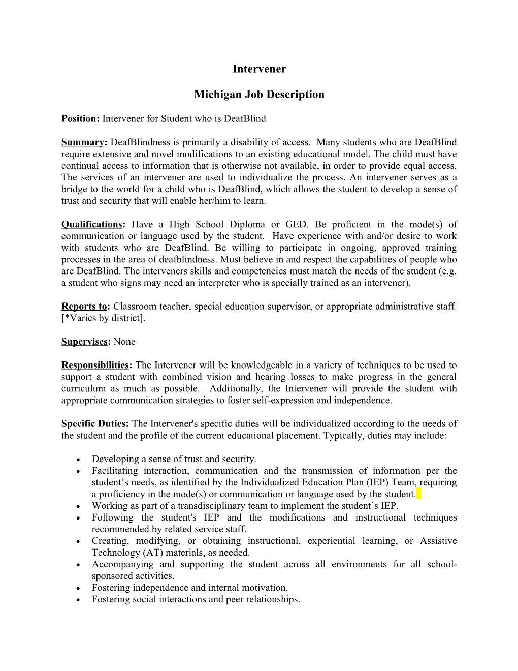 Michigan Job Description