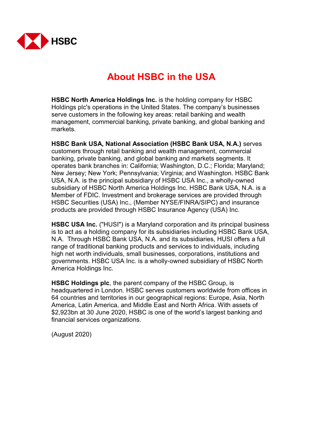 HSBC USA Fact Sheet