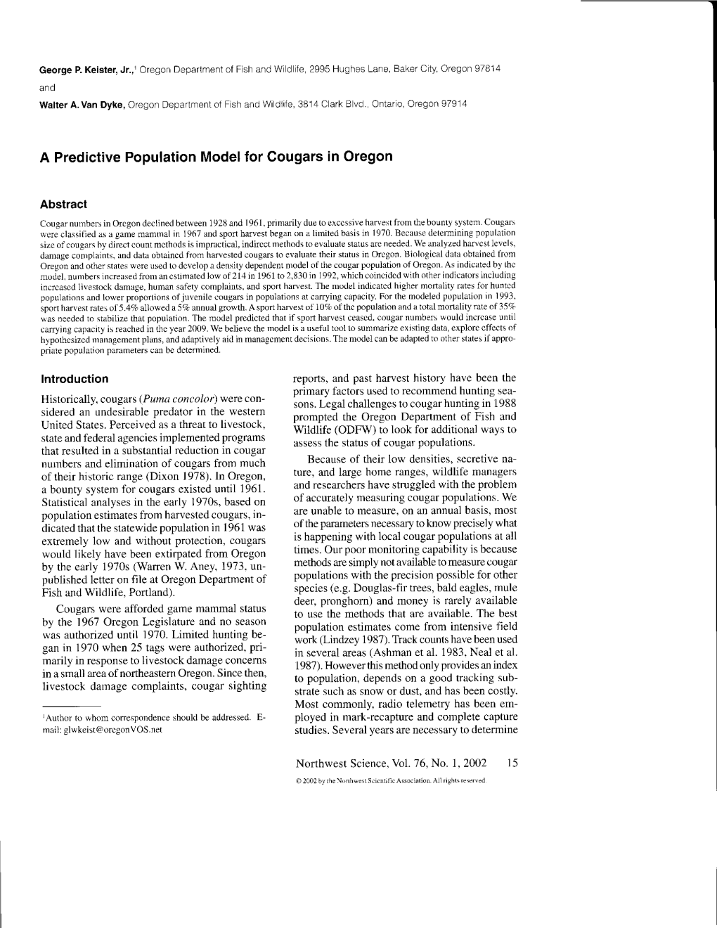 A Predictive Population Model for Gougars in Oregon