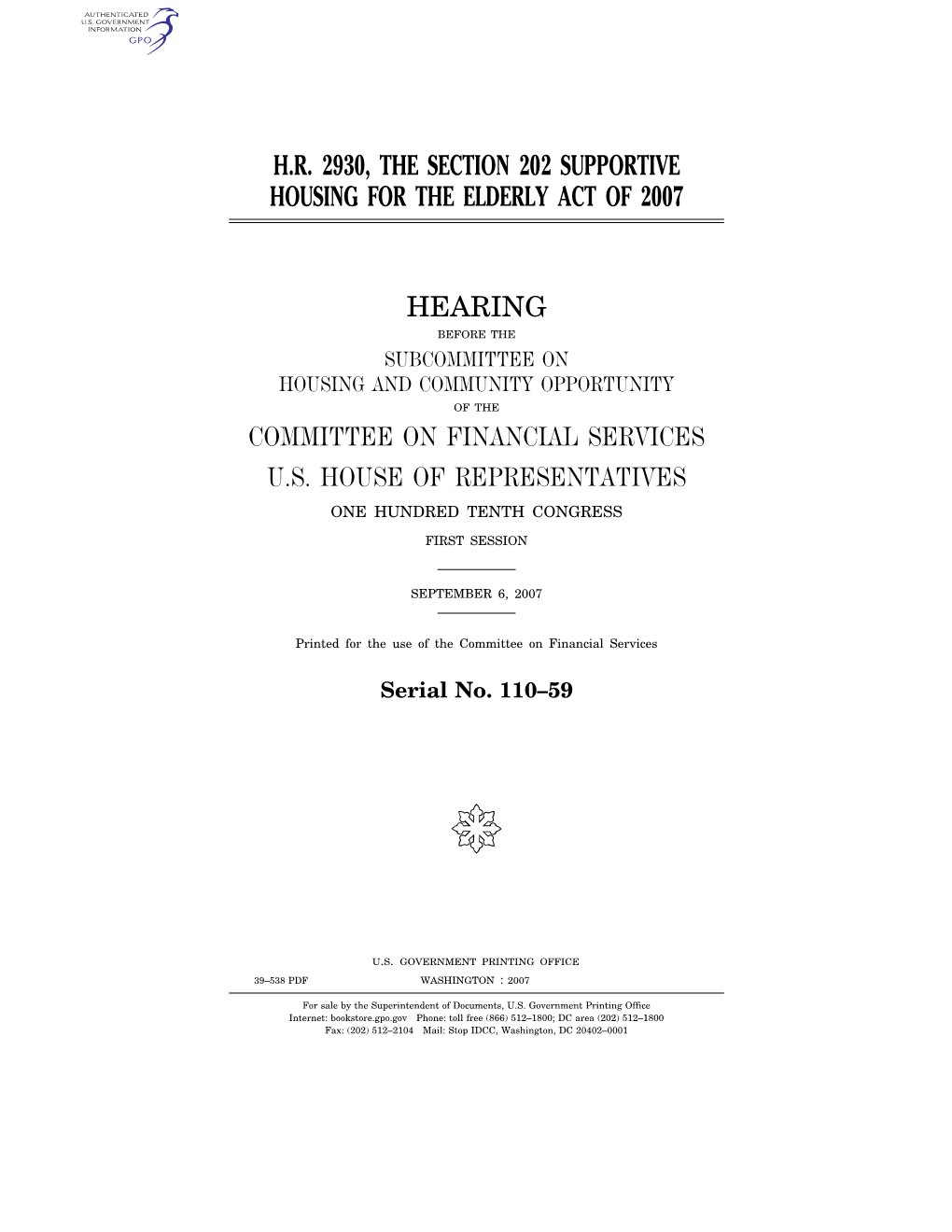 Hr 2930, the Section 202 Supportive Housing for the Elderly Act of 2007