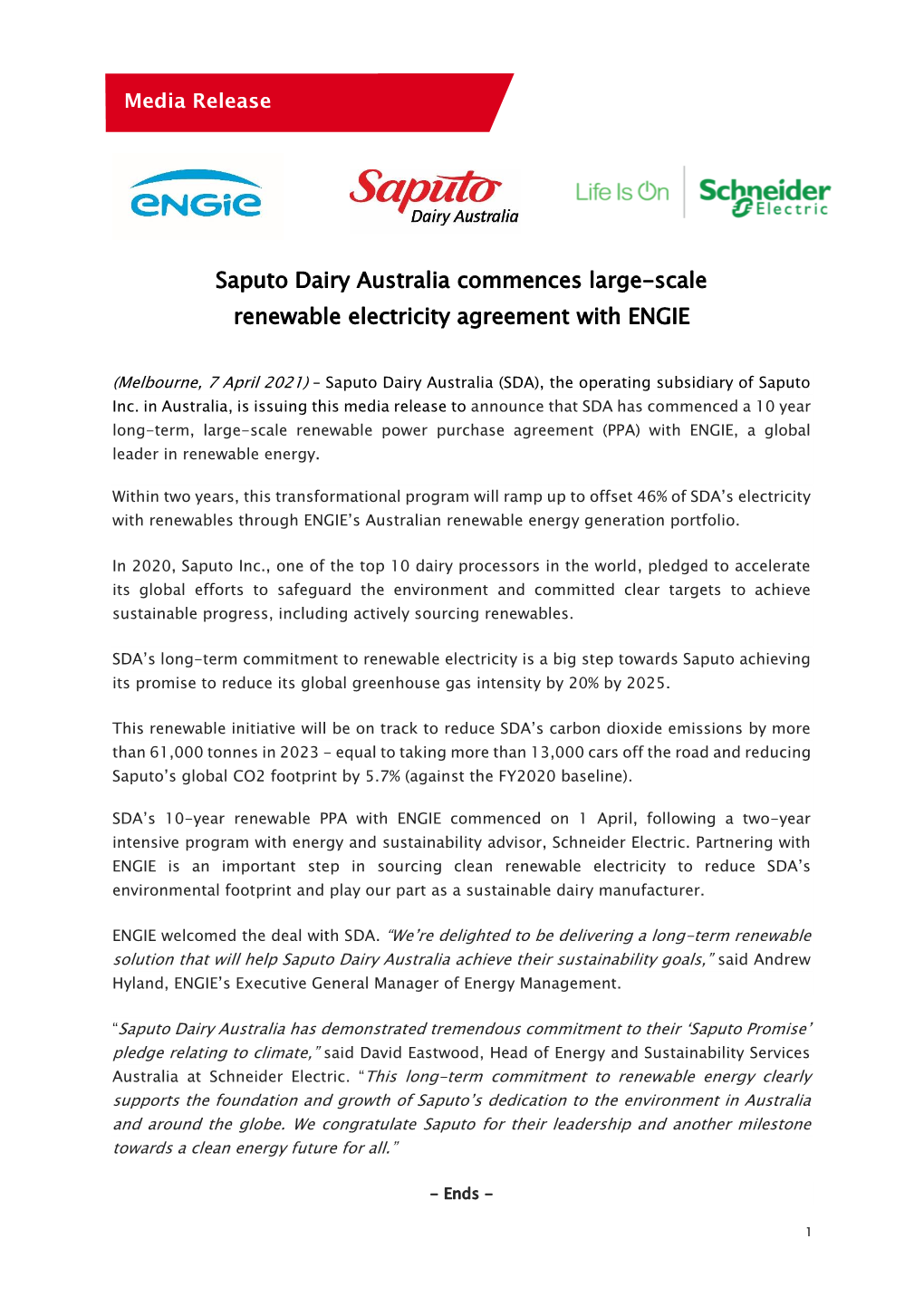 Saputo Dairy Australia Commences Large-Scale Renewable Electricity Agreement with ENGIE