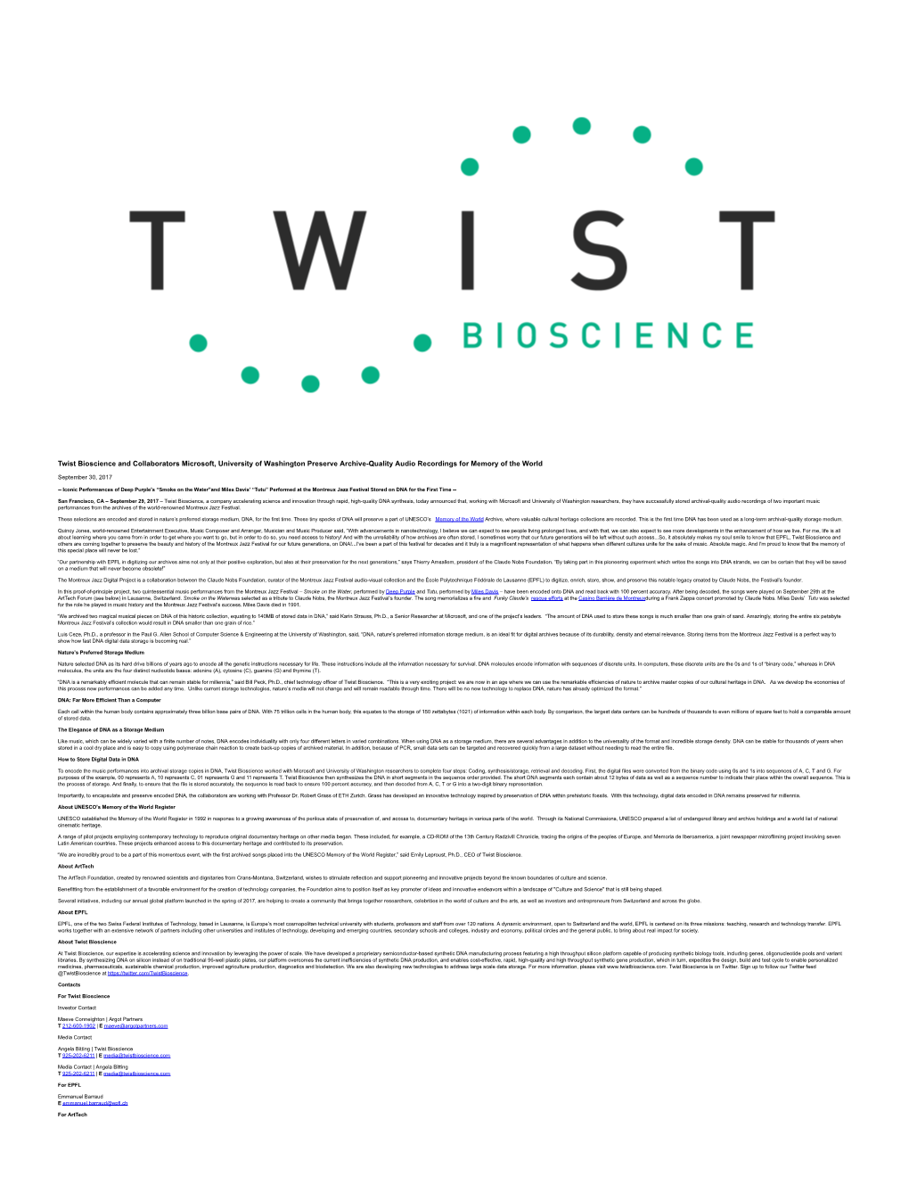 Twist Bioscience and Collaborators Microsoft, University of Washington Preserve Archive-Quality Audio Recordings for Memory of the World