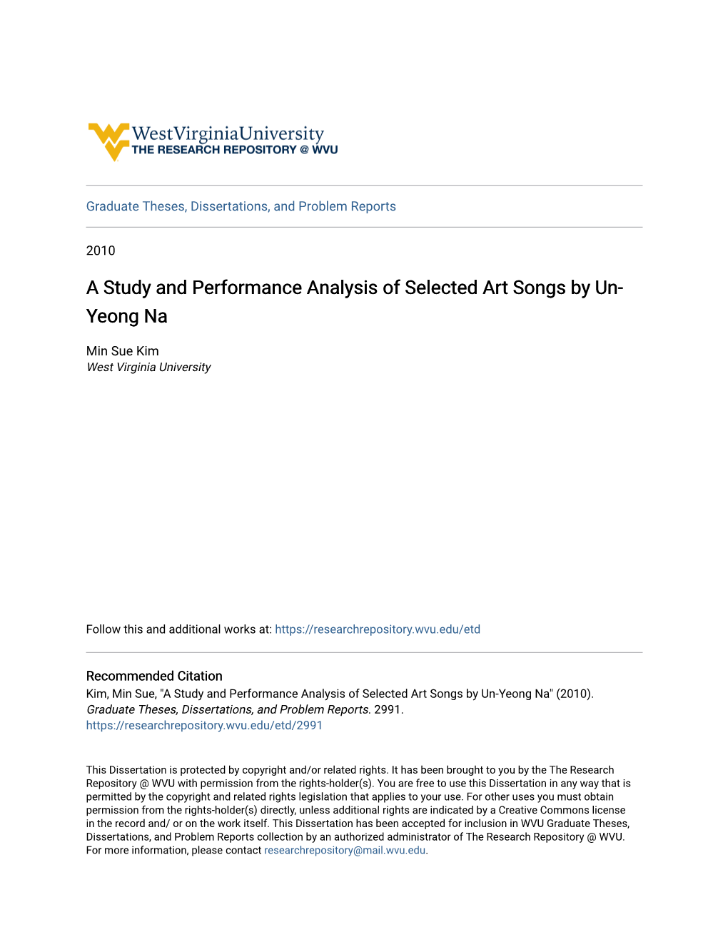 A Study and Performance Analysis of Selected Art Songs by Un-Yeong Na