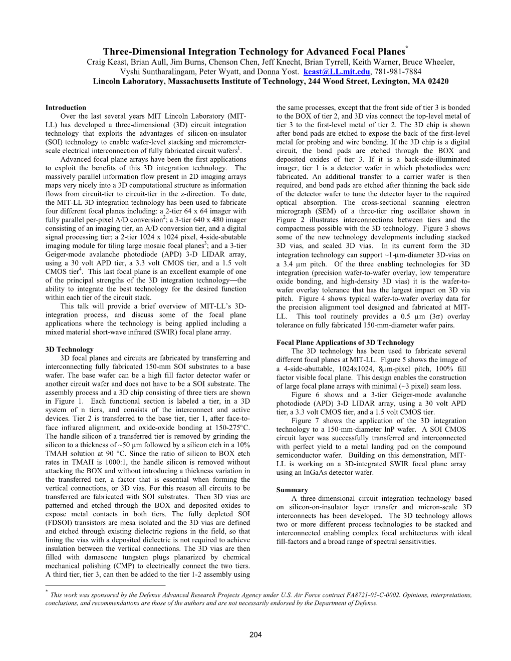 Three-Dimensional Integration Technology for Advanced Focal