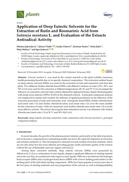 Application of Deep Eutectic Solvents for the Extraction of Rutin and Rosmarinic Acid from Satureja Montana L