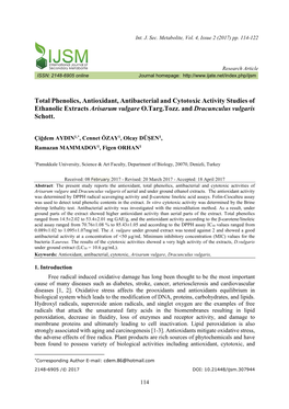 Total Phenolics, Antioxidant, Antibacterial and Cytotoxic Activity Studies of Ethanolic Extracts Arisarum Vulgare O.Targ.Tozz