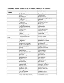 Appendix 3. Sensitive Species List - BLM Montana/Dakotas (IM MT-2009-039)
