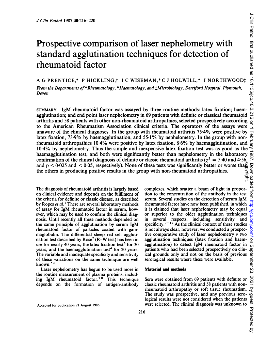 Prospective Comparison of Laser Nephelometry with Standard Agglutination Techniques for Detection of Rheumatoid Factor