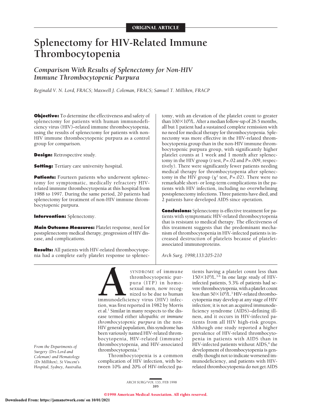 Splenectomy for HIV-Related Immune Thrombocytopenia Comparison with Results of Splenectomy for Non-HIV Immune Thrombocytopenic Purpura