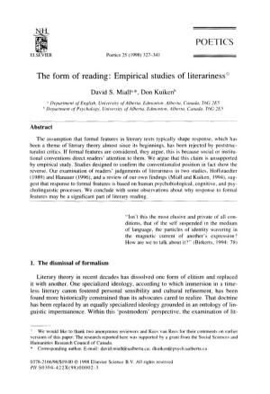 The Form of Reading: Empirical Studies of Literariness