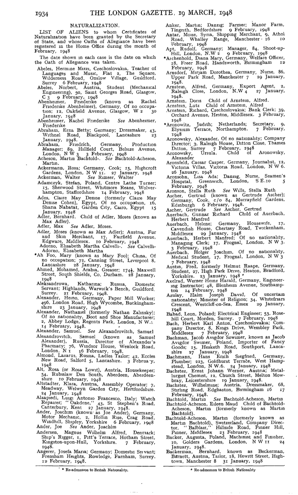 1934 the London Gazette, 19 March, 1948 Naturalization