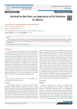 Alcohol in the Diet; an Appraisal of Its Relation to Illness