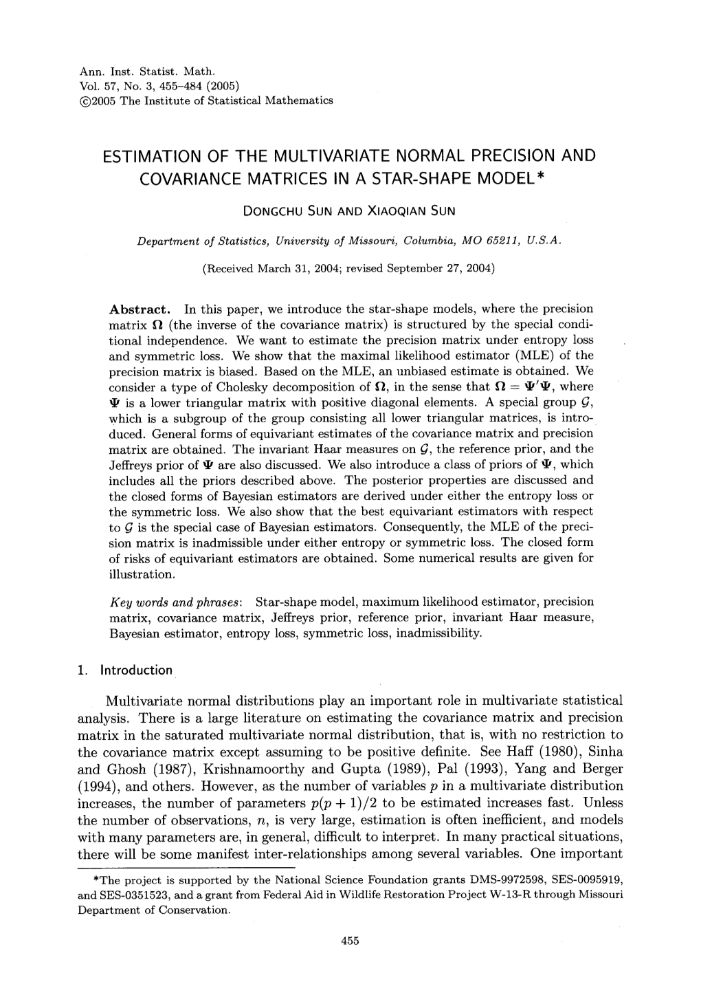 Estimation of the Multivariate Normal Precision and Covariance Matrices in a Star-Shape Model*