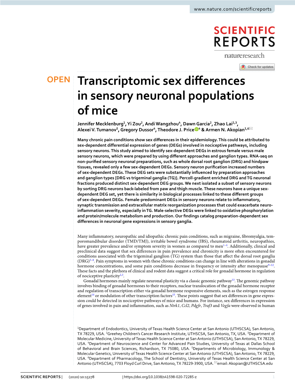 Transcriptomic Sex Differences in Sensory Neuronal Populations of Mice