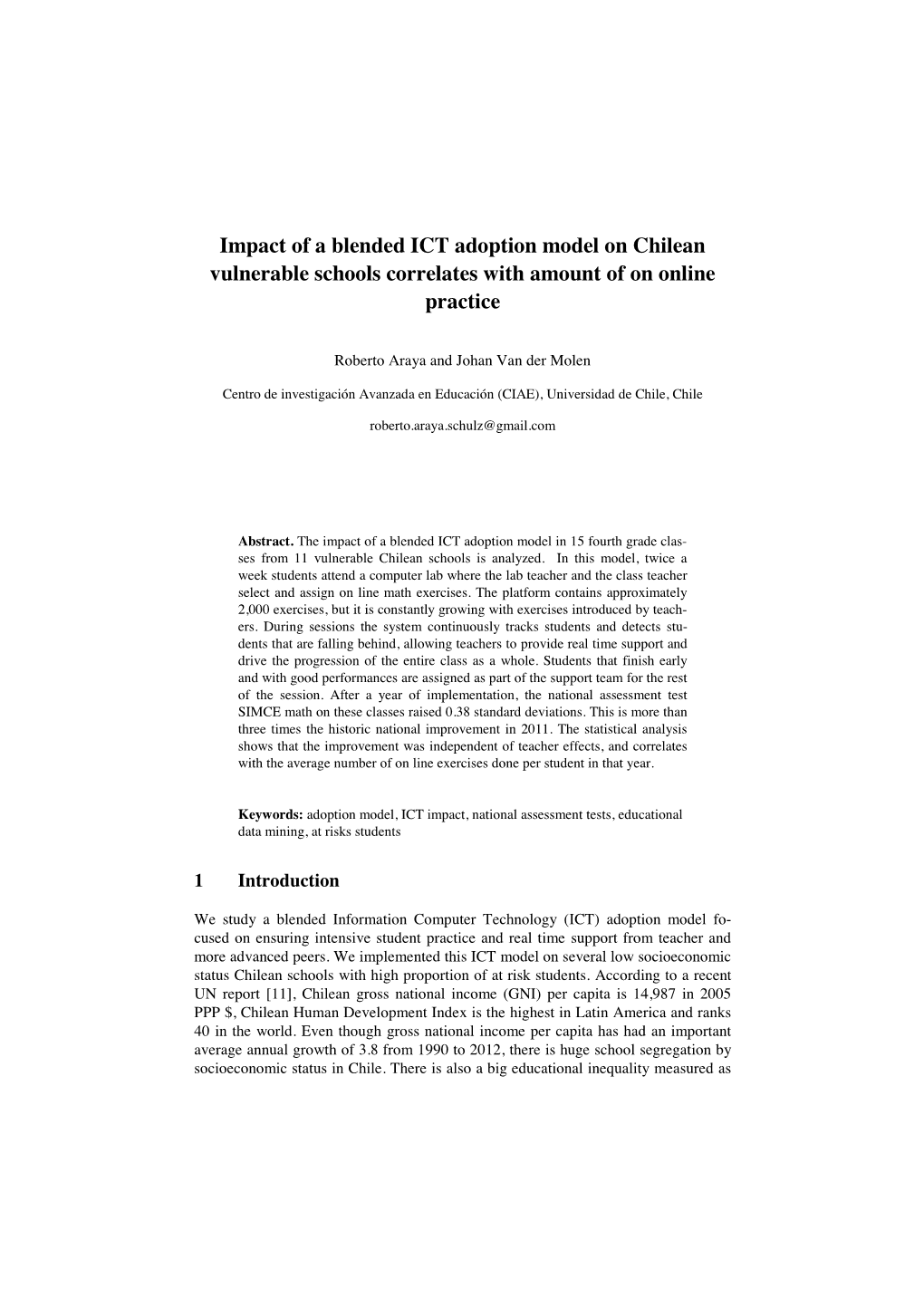 Impact of a Blended ICT Adoption Model on Chilean Vulnerable Schools Correlates with Amount of on Online Practice