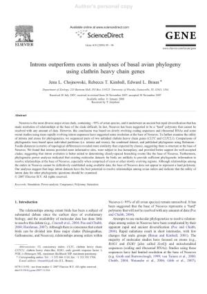 Introns Outperform Exons in Analyses of Basal Avian Phylogeny Using Clathrin Heavy Chain Genes ⁎ Jena L