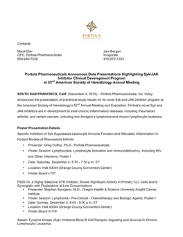 Portola Pharmaceuticals Announces Data Presentations Highlighting