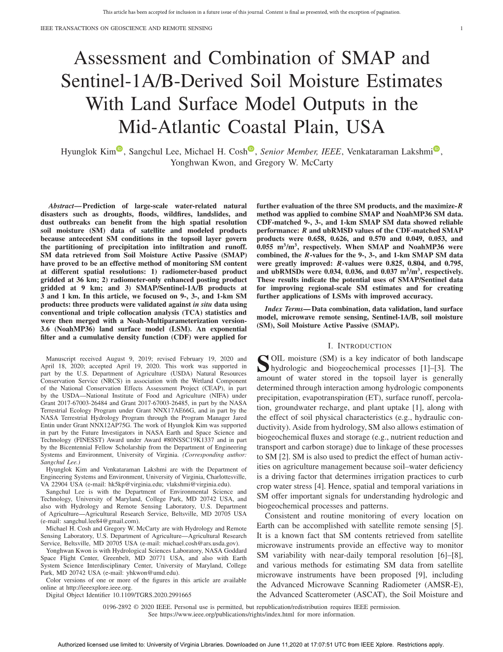 Assessment and Combination of SMAP and Sentinel-1A/B-Derived Soil Moisture Estimates with Land Surface Model Outputs in the Mid-Atlantic Coastal Plain, USA