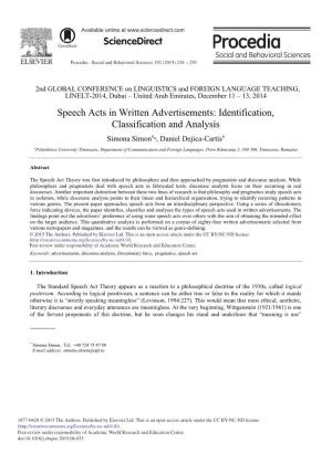 Speech Acts in Written Advertisements: Identification, Classification and Analysis a a Simona Simon *, Daniel Dejica-Cartis