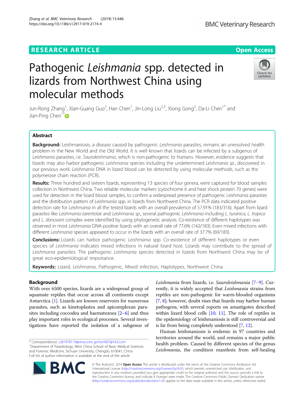 Pathogenic Leishmania Spp. Detected in Lizards from Northwest China