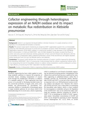 Cofactor Engineering Through Heterologous Expression of an NADH Oxidase and Its Impact on Metabolic Flux Redistribution in Klebs