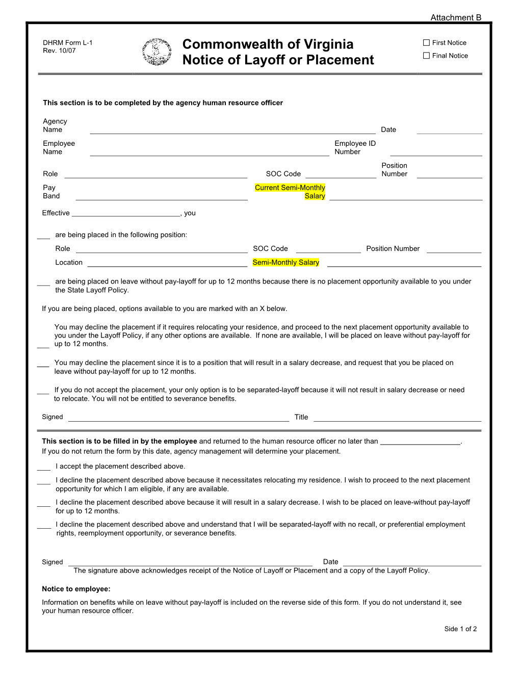 Notice of Layoff Or Reassignment