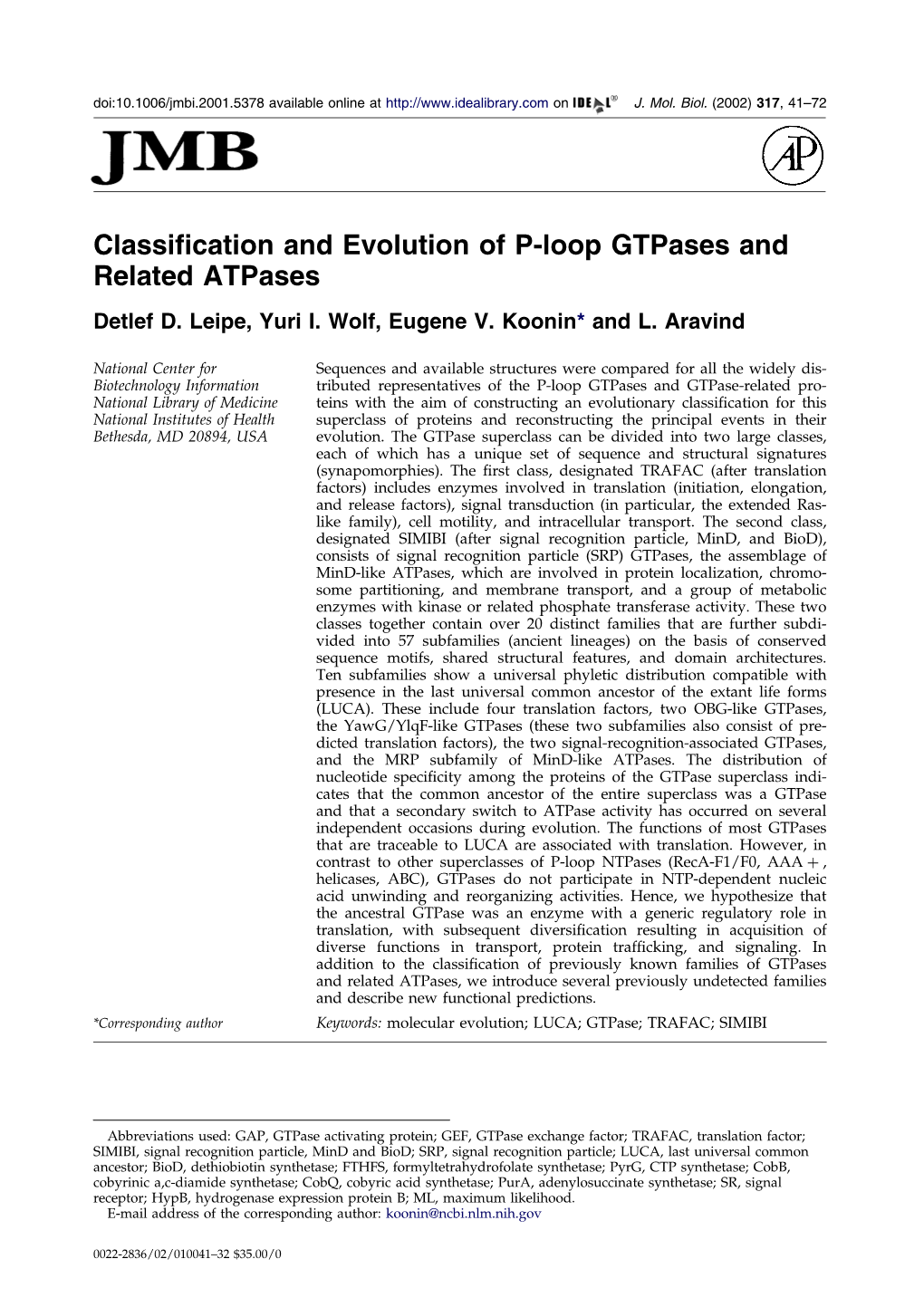Classification and Evolution of P-Loop Gtpases and Related Atpases Detlefd.Leipe,Yurii.Wolf,Eugenev.Koonin*Andl.Aravind