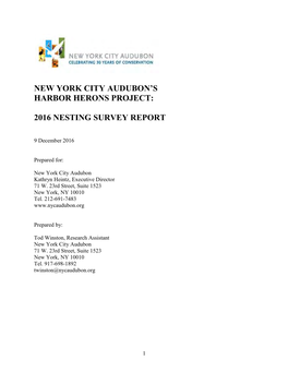 New York City Audubon's Harbor Herons Project: 2016 Nesting Survey Report