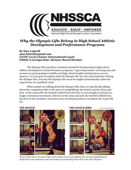Why the Olympic Lifts Belong in High School Athletic Development and Performance Programs