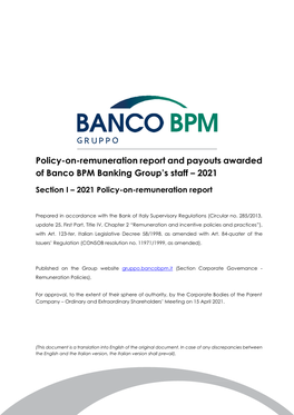 Policy-On-Remuneration Report and Payouts Awarded of Banco BPM Banking Group’S Staff – 2021