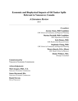 Economic and Biophysical Impacts of Oil Tanker Spills Relevant to Vancouver, Canada a Literature Review 2013