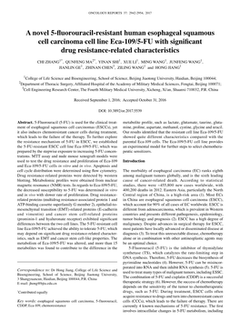 A Novel 5-Fluorouracil-Resistant Human Esophageal Squamous Cell Carcinoma Cell Line Eca-109/5-FU with Significant Drug Resistance-Related Characteristics