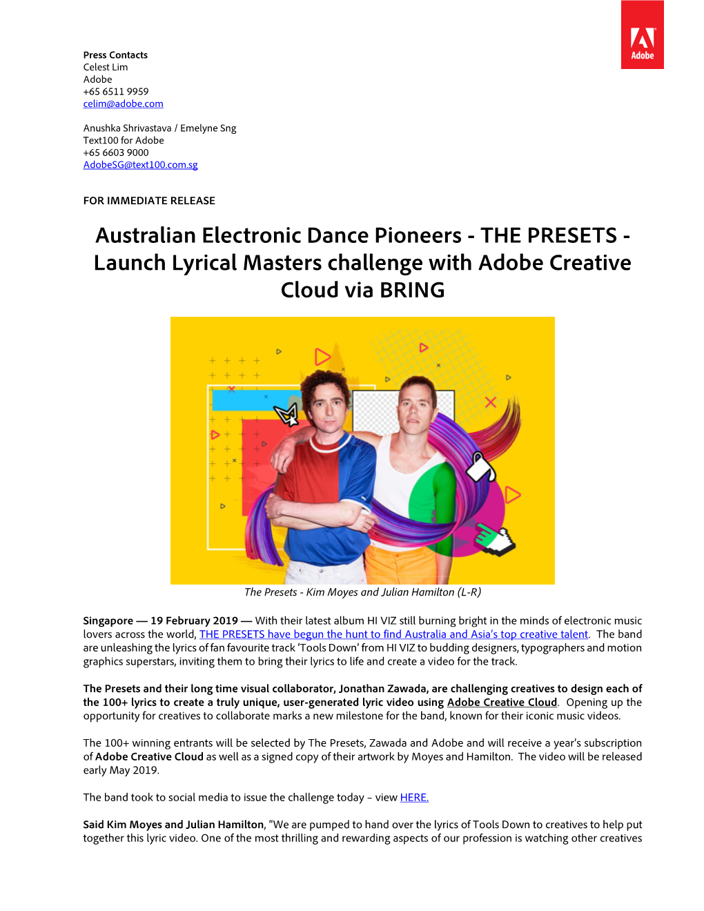 Australian Electronic Dance Pioneers - the PRESETS - Launch Lyrical Masters Challenge with Adobe Creative Cloud Via BRING