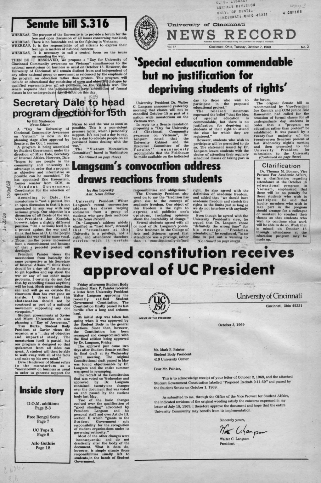 University of Cincinnati News Record. Tuesday, October 7, 1969. Vol. LVII