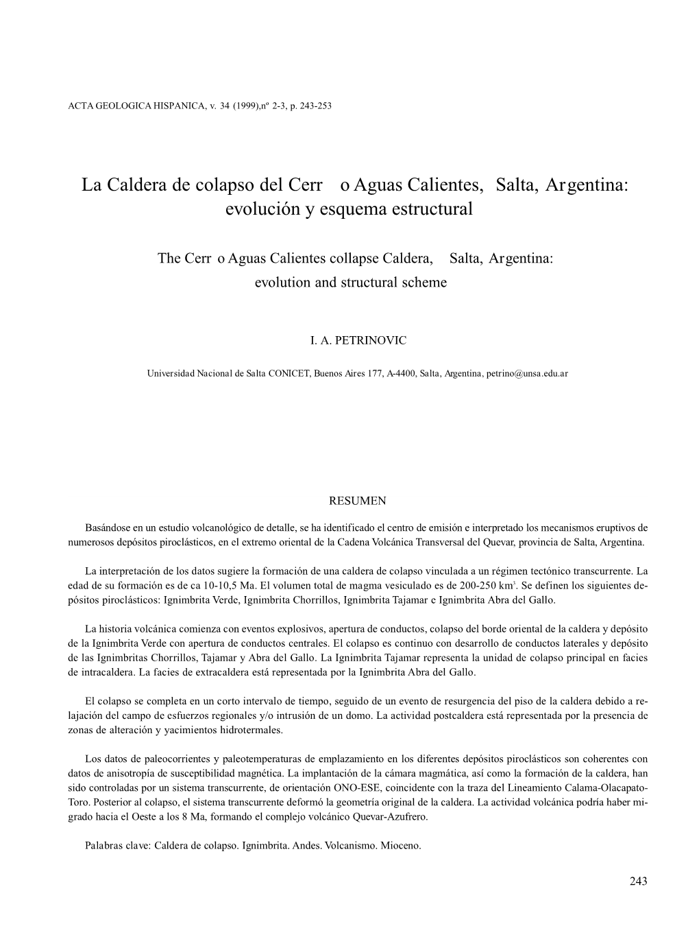La Caldera De Colapso Del Cerr O Aguas Calientes, Salta, Argentina: Evolución Y Esquema Estructural