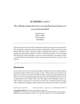 ACADEMIA Letters the Shifting Media Discourse Surrounding Head Injuries in Association Football