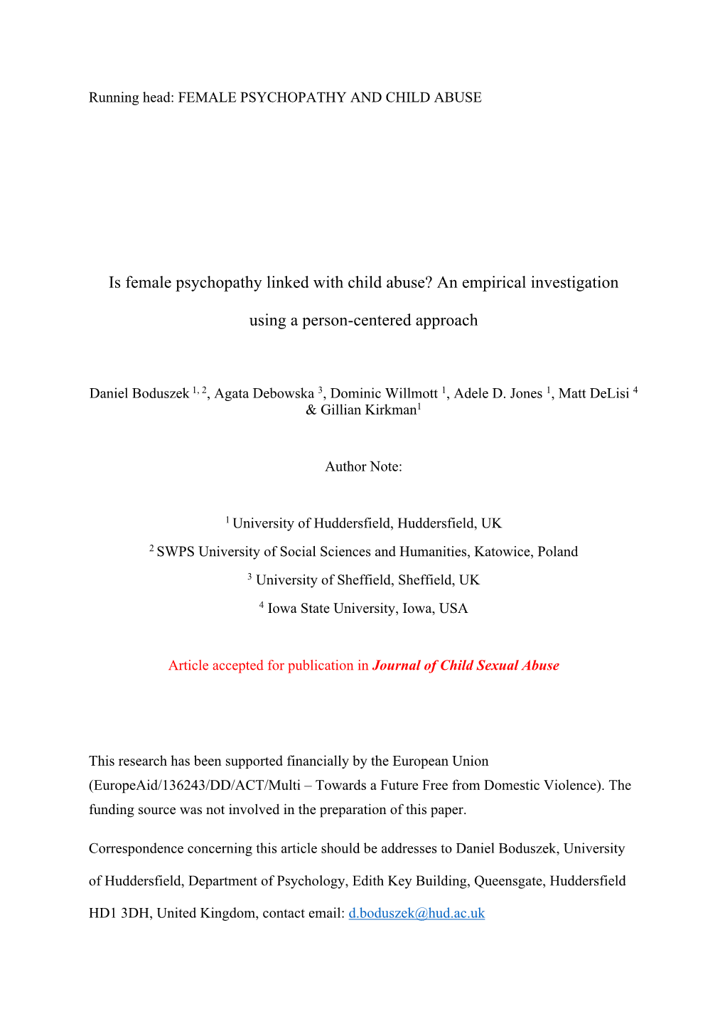 Is Female Psychopathy Linked with Child Abuse? an Empirical Investigation